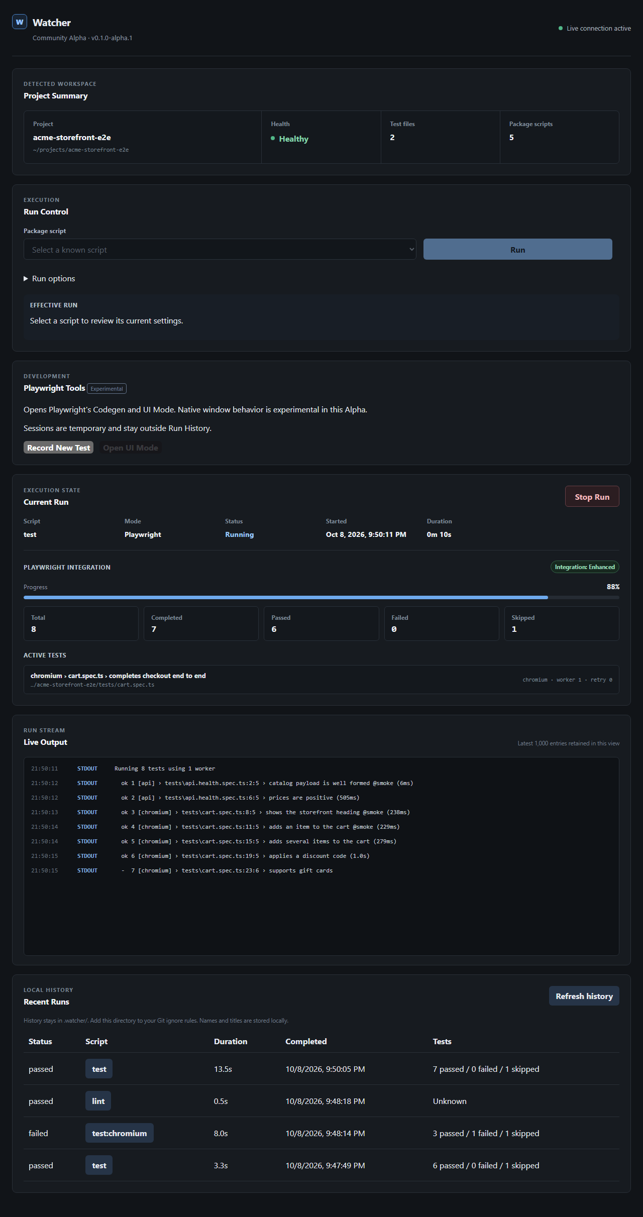 The full Watcher dashboard after three runs, showing Project Summary, Run Control, Playwright Tools, Current Run, Live Output and Recent Runs