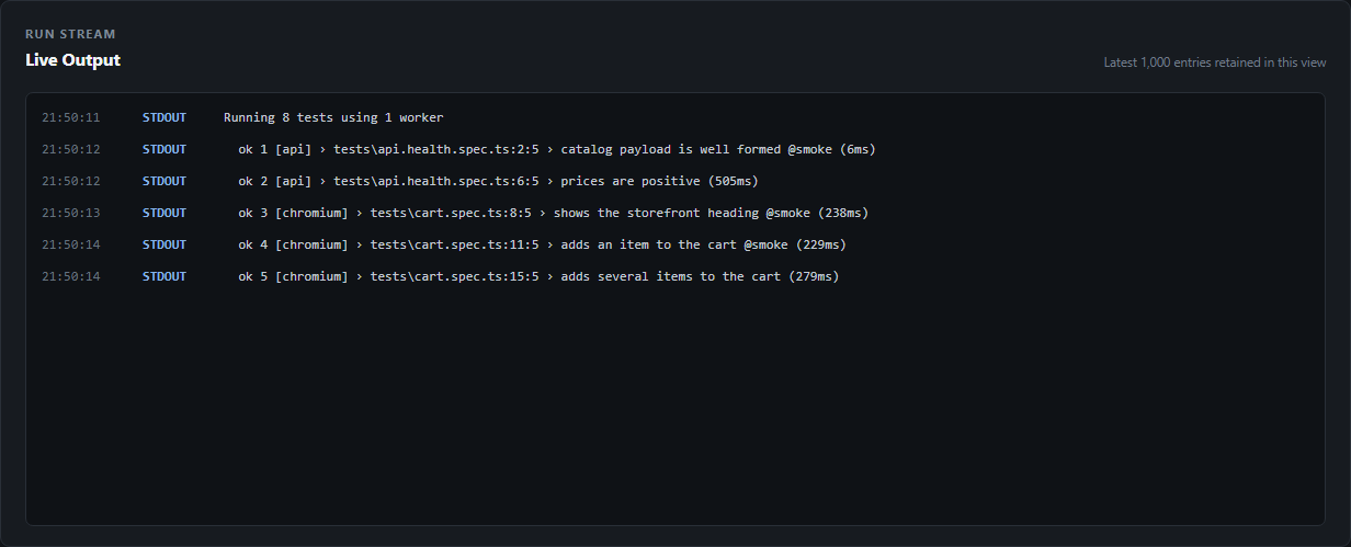 Live Output panel showing timestamped STDOUT lines