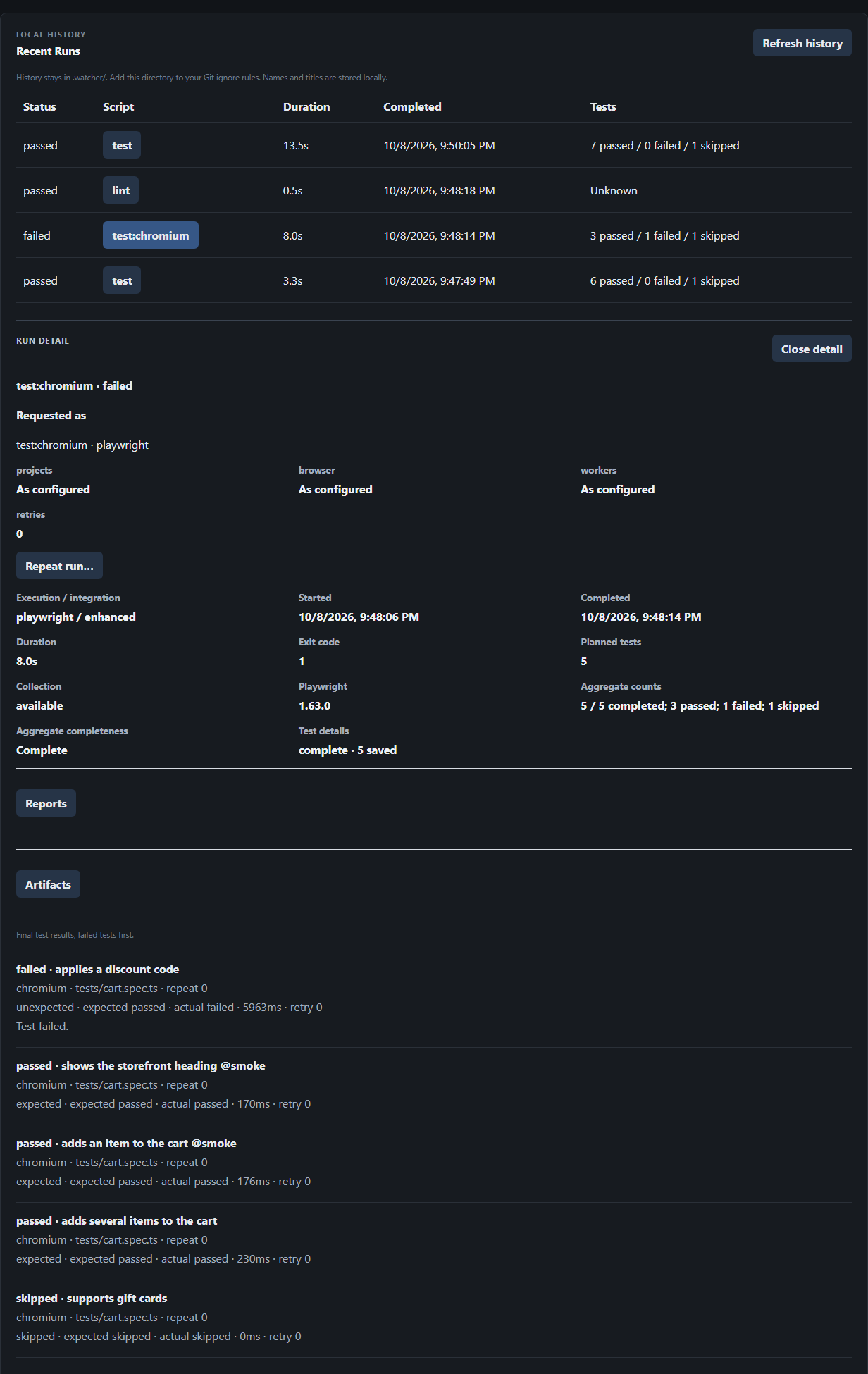 Recent Runs with Run Detail open for a failed test run, listing the failed test first