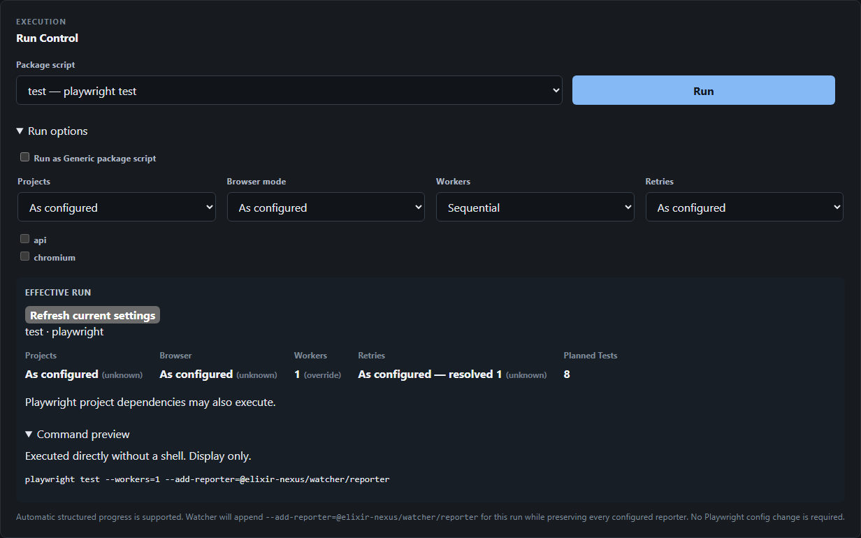 Run Control with Run options expanded, showing the Effective run summary and the command preview